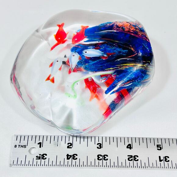 Murano Art Glass School Fish Bubble Hand Blown Paperweight Aquarium Blue Orange - Picture 12 of 13